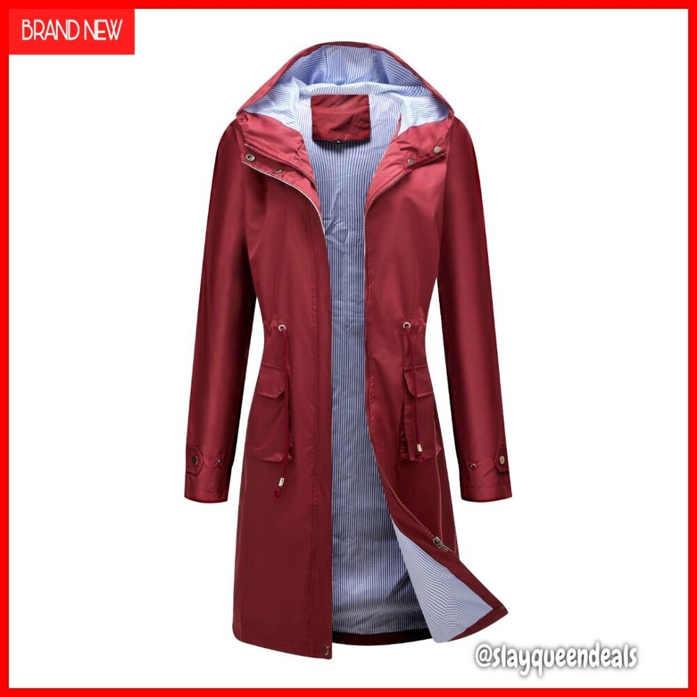 Waterproof Lightweight Long Rain Jacket Hooded Trench Coat Outdoor Casual